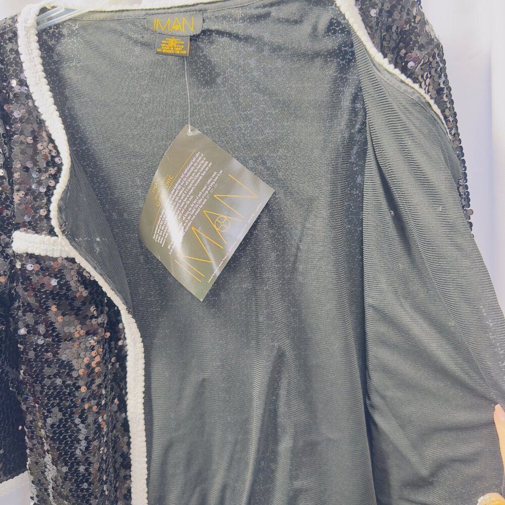NWT Iman Black Sequin Jacket w White Trim Size L 4 Pockets - Picture 4 of 16